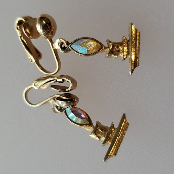 Vintage goldstone Aurora Borealis rhinestone candle earrings clip ons - Picture 2 of 6